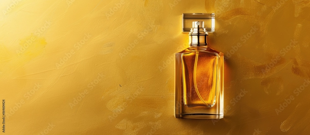 Poster luxurious perfume bottle displayed stylishly on a golden background in a flat lay composition with a