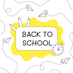 Back to school. Pencils, alarm clock, paper airplanes with dotted lines. Poster, banner, greeting card. Vector illustration.