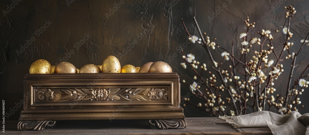 Aufkleber easter eggs displayed in a decorative casket with a backdrop of copy space image.