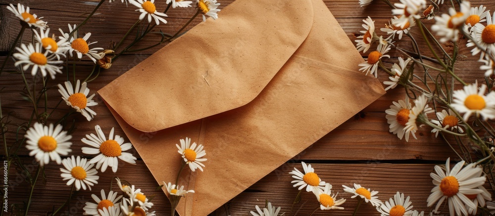 Poster a kraft paper envelope featuring a messages blank space alongside charming daisies in white and oran