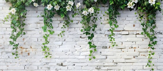 A brick wall painted white with climbing plants on one side, typical of English or vintage style, suitable as a backdrop with copy space image.