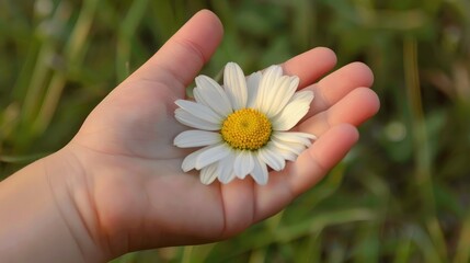 A single daisy in a child's hand, symbolizing innocence and simplicity
