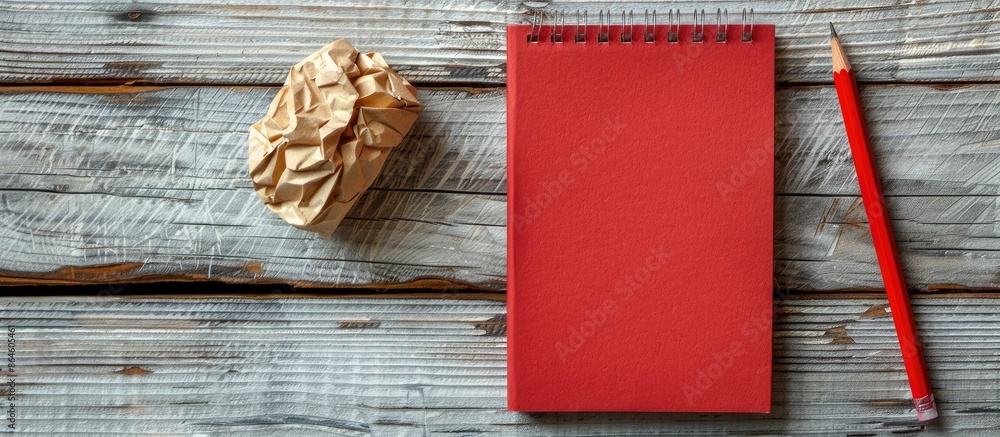 Poster pencil and red notebook next to crumpled paper on a wooden surface with a copy space image.