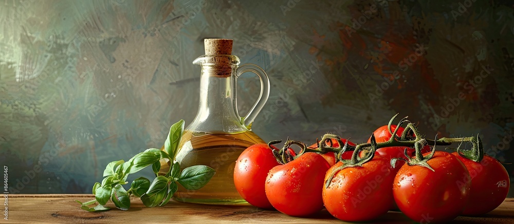 Poster on the table, there is a setup with tomatoes and oil, providing a focal point for the copy space ima