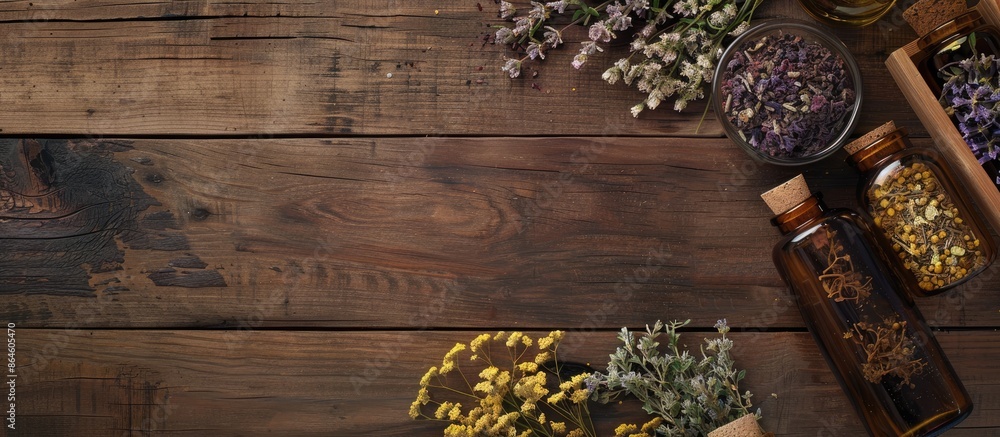 Poster top-down view of a studio setting displaying a wooden table adorned with dried herbs and bottles, se