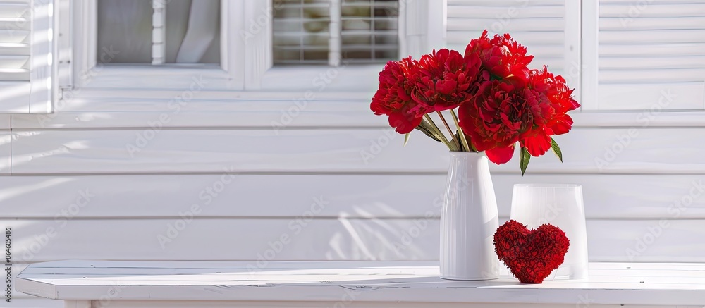 Poster red peonies in a vase and red heart, placed on a white table in front of a white house, create a val