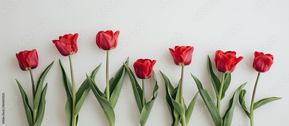 Poster tulips set against a white backdrop with copy space image.