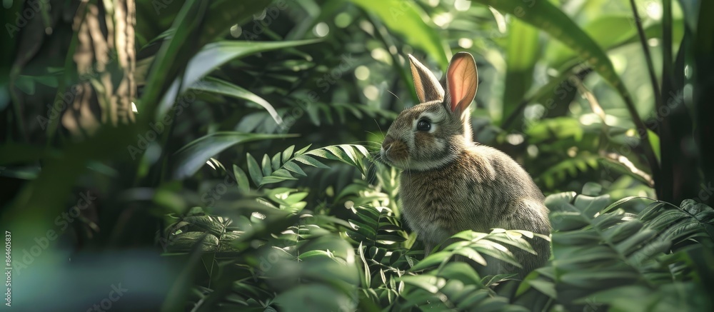 Poster a rabbit in lush surroundings with a grey hue, providing a pleasing sight in a natural habitat, suit