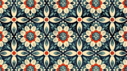 Abstract floral pattern with geometric shapes in blue and red hues.