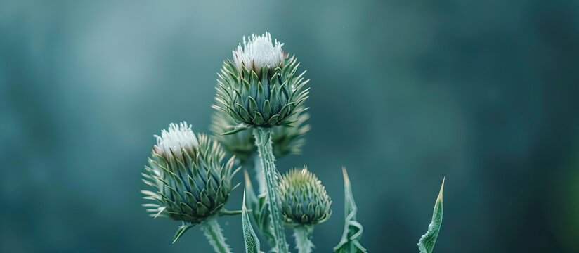 Card thistle's spiky flower buds ready for blooming in a copy space image.