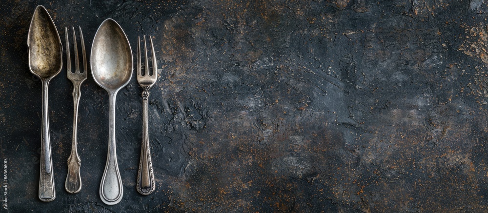 Poster table setting with fork and spoon on a background featuring a copy space image.