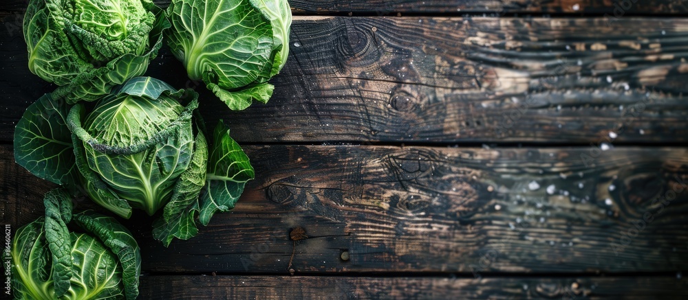 Poster cabbage displayed on a wooden surface with copy space image.