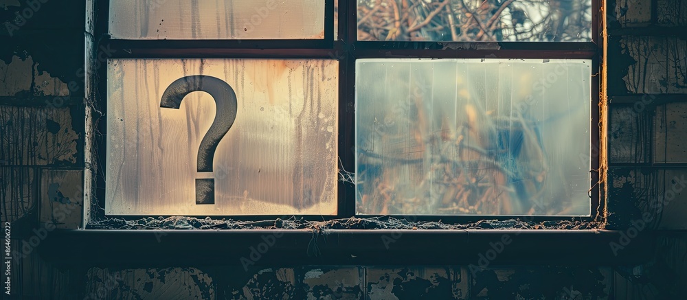 Poster a symbol representing a sense of absence or questioning placed on a window, with copy space image av