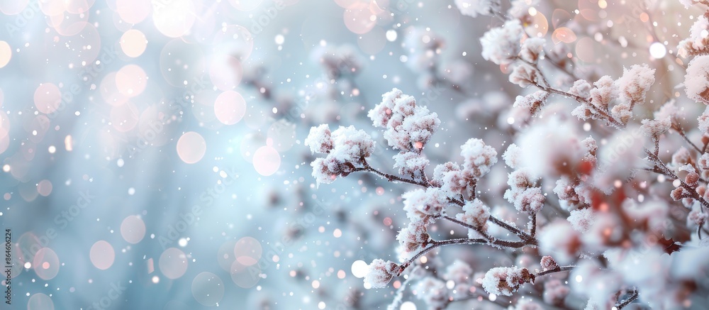 Poster snow-covered branch creating a festive holiday background in winter with ample copy space image.