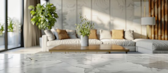 Blurry living room background with a marble table as the main focus, providing ample copy space image.