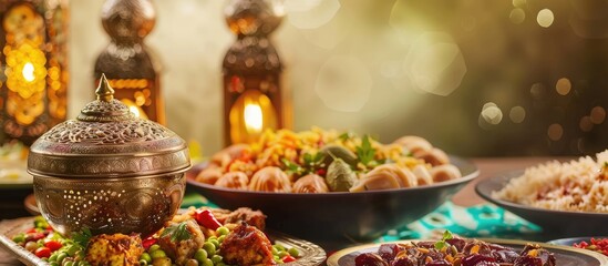 Fototapeta premium Eastern dishes with traditional tasbih and fanoos lamp on colorful backdrop with copy space image.