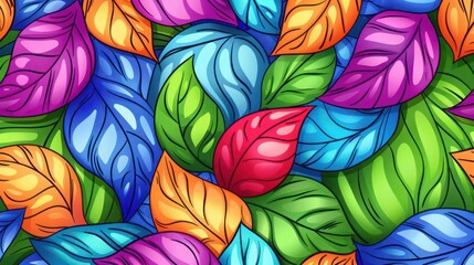 Vibrant abstract leaves in assorted bright colors and intricate patterns.