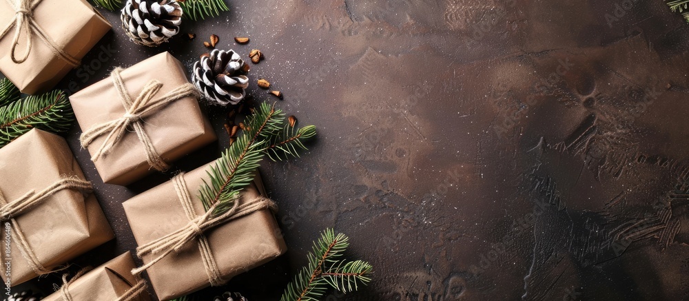 Poster top view of christmas-themed gifts and pine cones on a background with ample copy space image for te