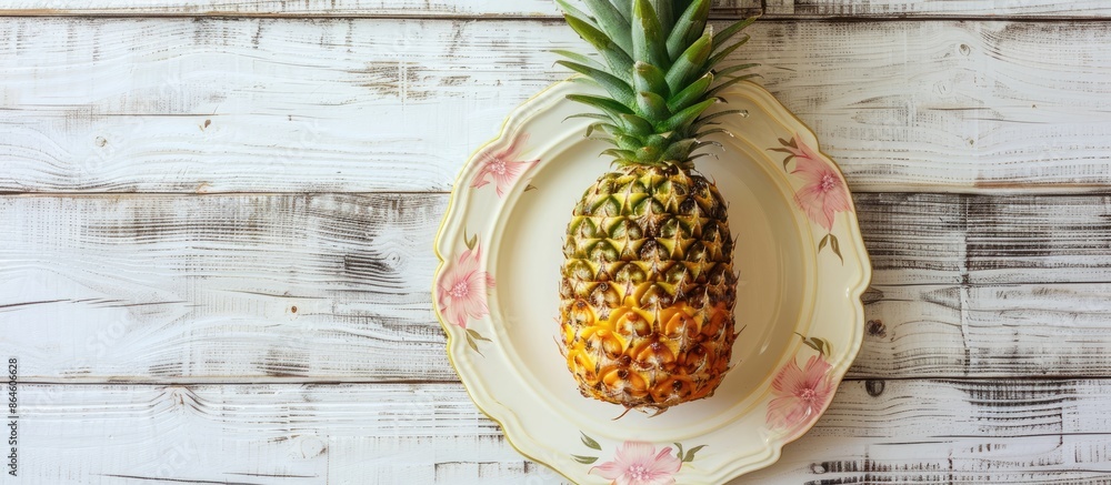 Aufkleber half of an organic pineapple on a plate set against a white painted wooden background, with a clear 