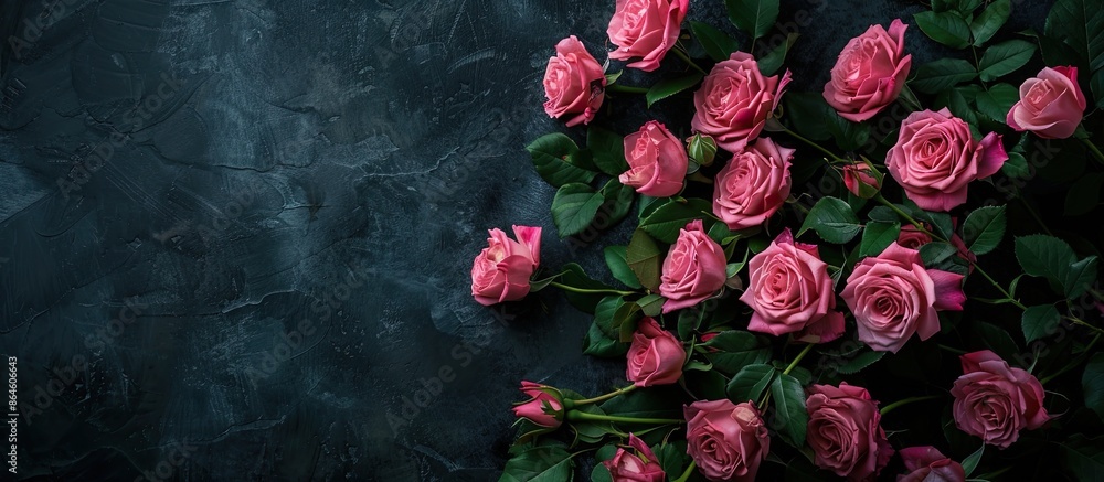 Poster top view of a stunning arrangement of pink roses against a dark backdrop with plenty of space for ad