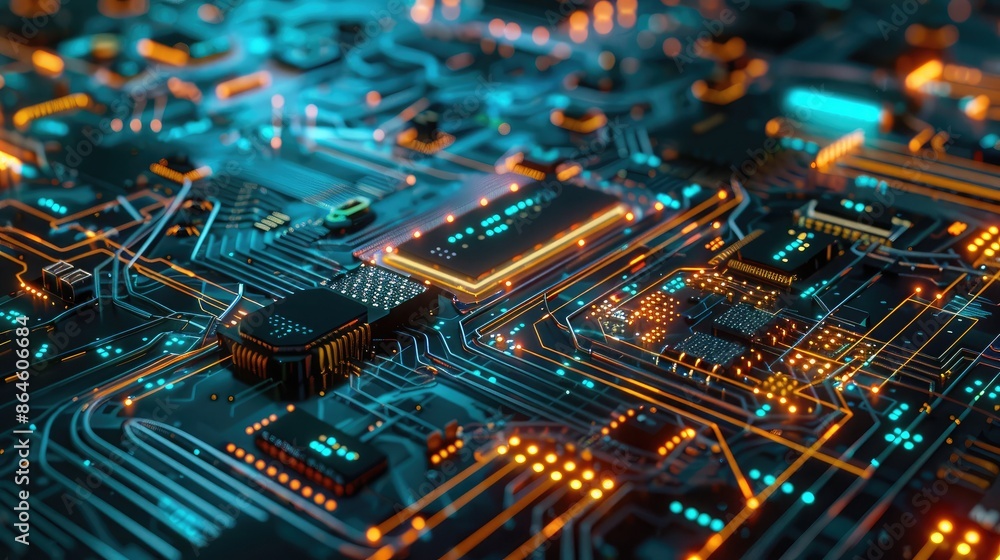 Poster abstract circuitry and digital components forming a tech-themed background