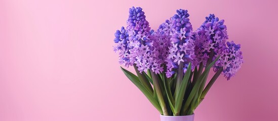 Fototapeta premium A stunning arrangement of violet hyacinths in a vase against a pink backdrop, creating a charming composition with copy space image.