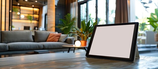 Fototapeta premium Image of a digital tablet placed on a table, showcasing a blank screen for a smart home system, with room for additional content, copy space image.