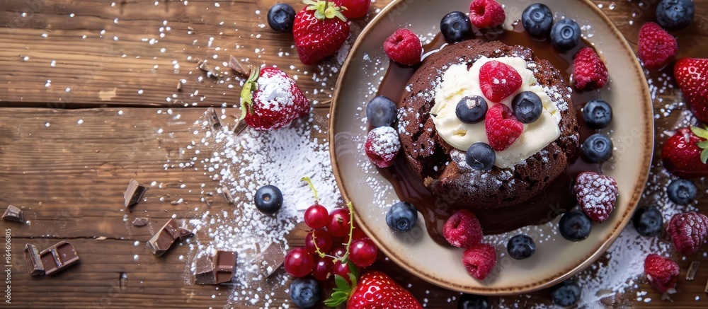 Poster close-up view of a molten chocolate cake surrounded by ice cream and berries on a rustic wooden back