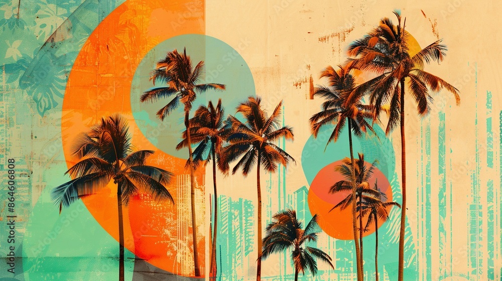 Fototapete Retro-Inspired Collage Featuring Palm Trees in a Circular Frame with Warm Orange and Turquoise Abstract Summer Motifs