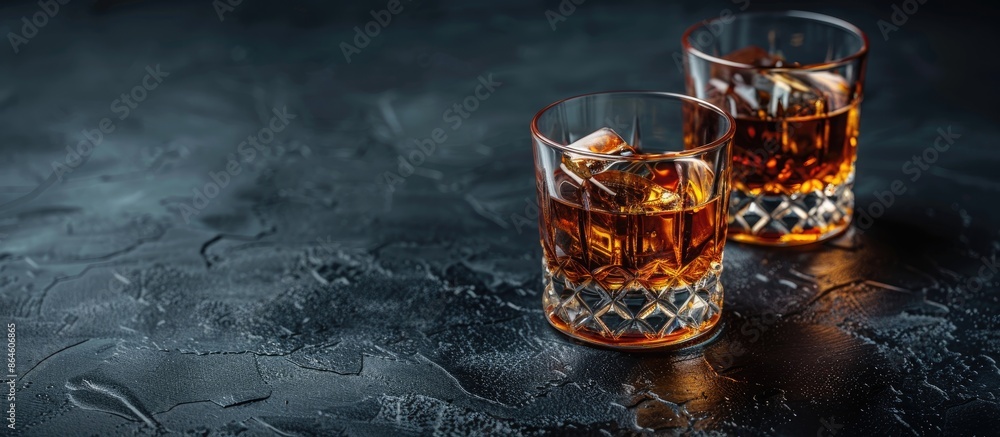 Poster three glasses of whiskey or bourbon on a dark table, creating a potent display of strong alcoholic b