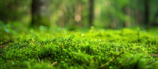 Obraz premium Close-up of vibrant green moss on a forest floor, with small branches and pine needles in the blurred background, ideal for a copy space image.
