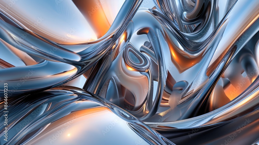 Poster abstract shapes and forms with a metallic sheen and reflective surfaces creating a futuristic look
