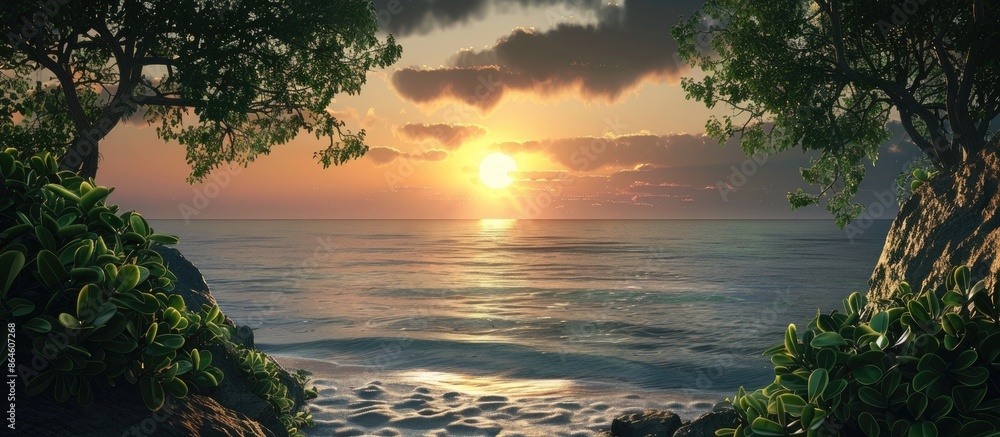 Poster seaside backdrop in the evening with a beautiful nature setting, ideal for a copy space image.