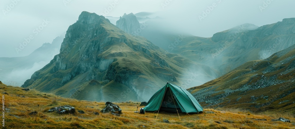 Poster a green camping tent set against mist-covered mountain peaks, providing copy space for adding text o
