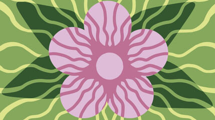 Abstract art decorated with wavy lines of a pink flower on a green background.