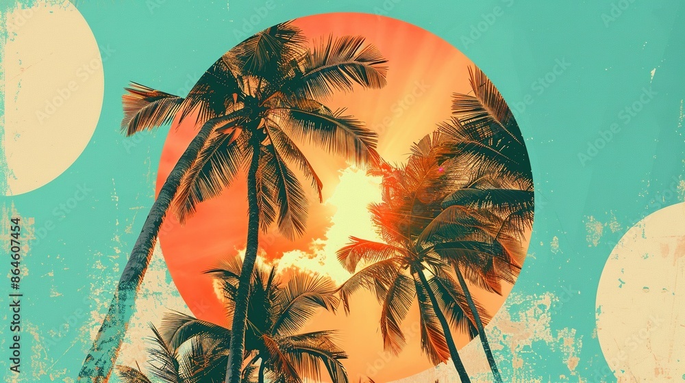 Fototapete colorful vintage-inspired collage with palm trees in a circular frame and abstract summer motifs in 