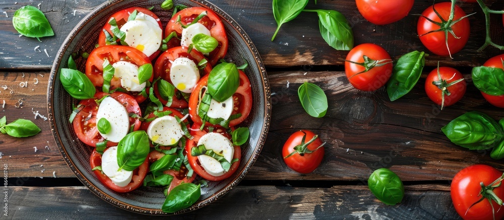 Poster top-down view of a plate displaying an italian caprese salad on a dark wooden surface with room for 