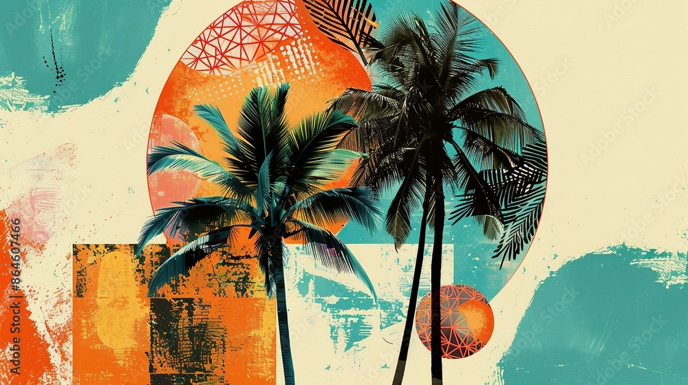 Fototapete colorful vintage-inspired collage with palm trees in a circular frame and abstract summer motifs in 