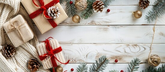 A festive Christmas composition featuring gifts, fir tree branches, and a knitted blanket arranged on a white wooden backdrop with copy space image.