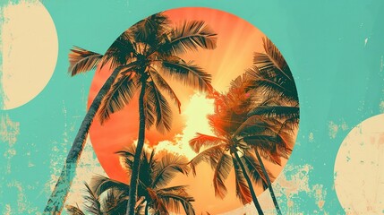 Colorful Vintage-Inspired Collage with Palm Trees in a Circular Frame and Abstract Summer Motifs in Warm Orange and Turquoise