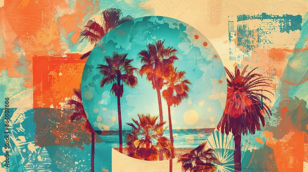 Fototapete vibrant collage with palm trees in a circle, surrounded by abstract summer designs in citrus orange 