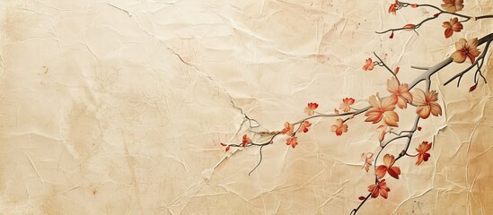Beige textured background with torn Japanese traditional paper creating a unique copy space image.