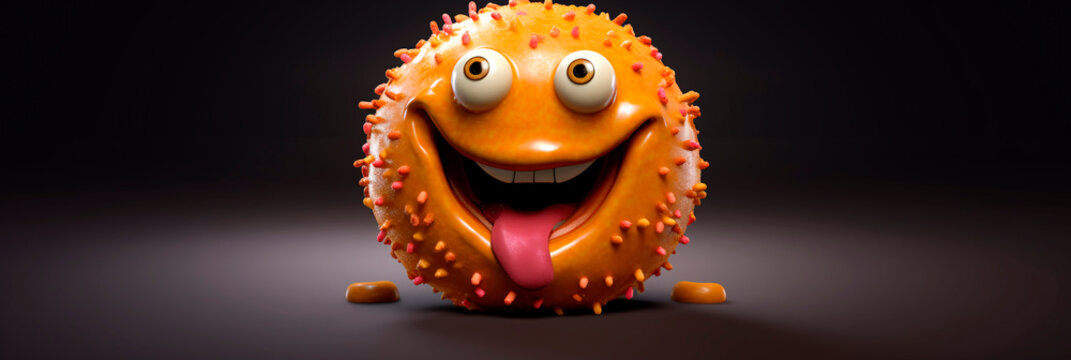 Banner smiley. charming donut with caramel topping smiles welcomingly against a dark background. Header for website, bakery, children's menu, supermarket.