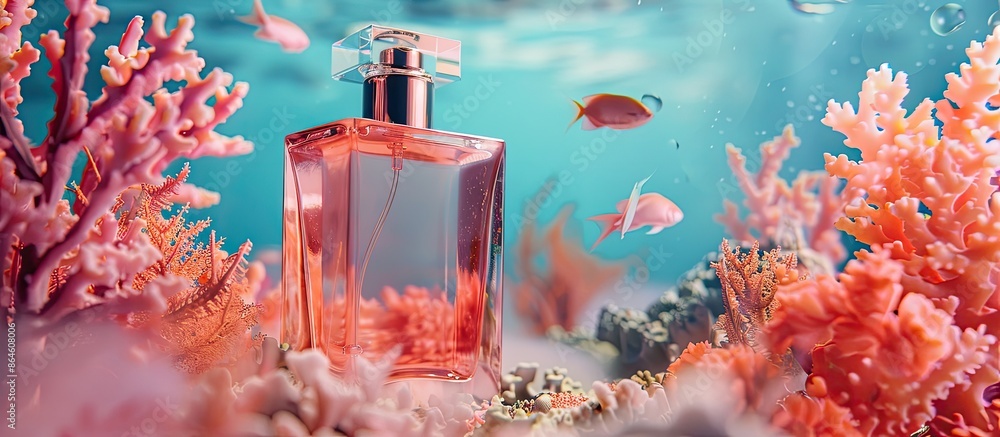 Aufkleber perfume bottle displayed on a coral backdrop with ample copy space image.