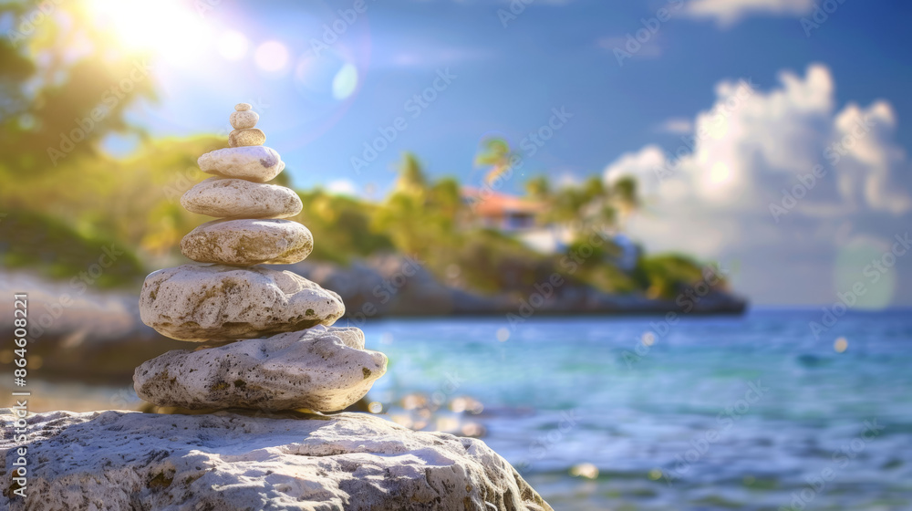 Poster a stack of rocks on a beach with the ocean in the background