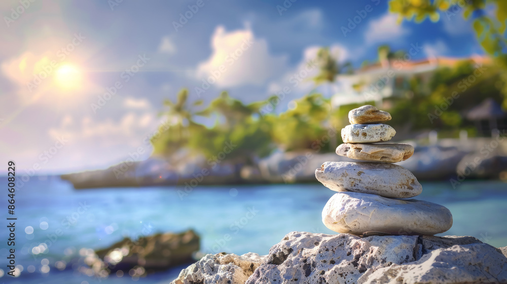 Poster a stack of rocks on a beach with the ocean in the background