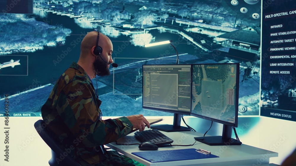 Aufkleber military operator transmitting gps coordinates of hostile ships to national guard, providing real ti