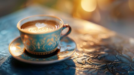Coffee with Latte Art in Blue and Gold Cup