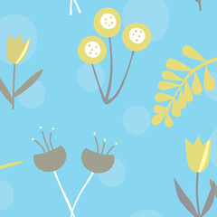 Yellow and gold flowers on blue polka dot seamless pattern design