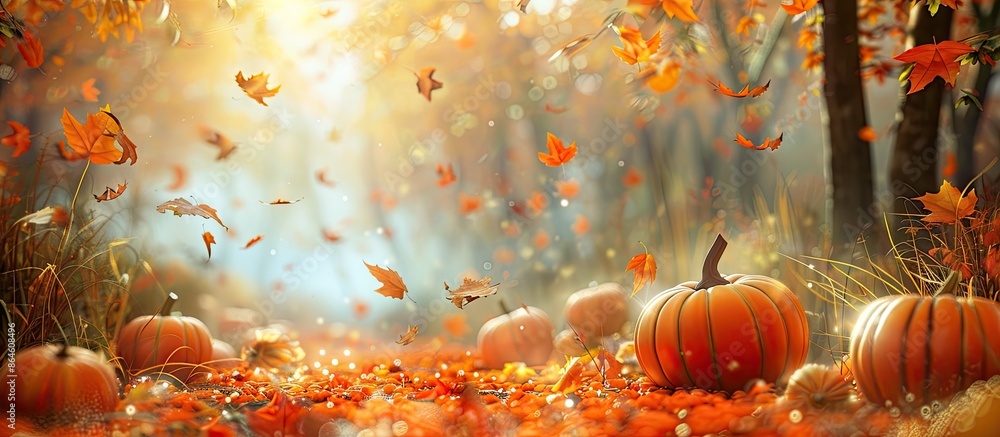 Poster pumpkins scattered across the autumnal setting with a vast clear space for additional crafted design